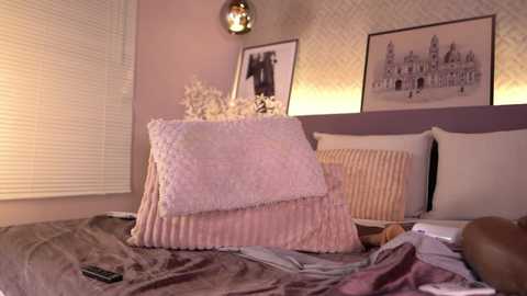 Video of a cozy bedroom with a plush pink pillow, beige headboard, framed black-and-white pictures, and a beige bedspread.