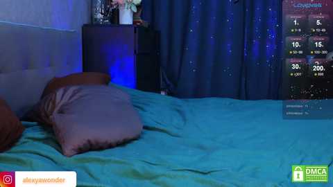 Media: Video of a bedroom with a blue bedspread, dark curtains, and a digital display showing weather and time.