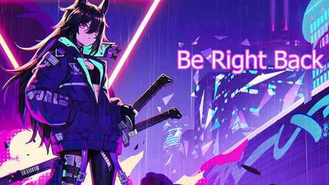 A vibrant digital anime drawing featuring a fierce, long-haired female character with fox ears, dressed in a black jacket and pants, holding two swords, set against a futuristic, neon-lit backdrop with \"Be Right Back\" text.