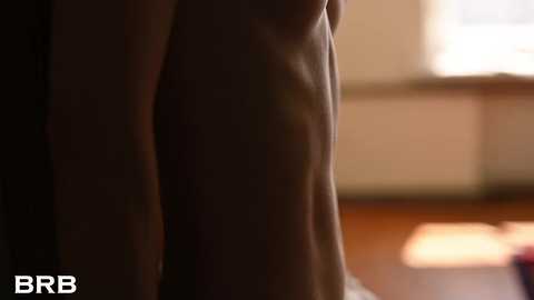 Video of a woman's bare upper torso, focusing on her breasts, in a dimly lit room with warm, diffused lighting. The background is blurred, featuring a window and a wooden surface. The image has a watermarked \"BBR\" logo in the bottom left corner.
