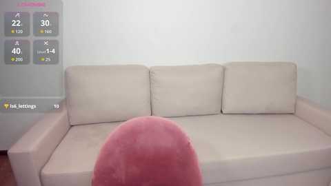 Video of a minimalist living room with a beige sofa against a white wall, featuring a pink, fluffy blanket in the foreground.