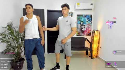 Video of two young men in casual attire standing in a modern, minimalist room with white walls, potted plants, colorful abstract art, and a black chair.