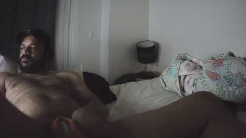 Video of a bearded man lying on a messy bed, partially nude, in a dimly lit room with a white wall, a black lamp, and patterned bedding.
