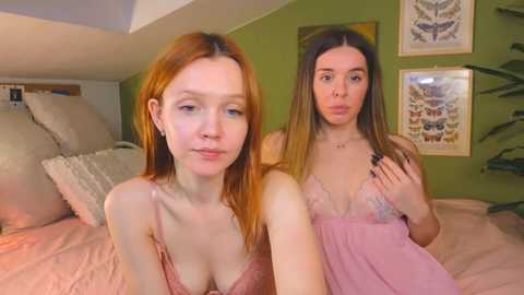 Media: Video of two young women with pale skin and long hair, one with red hair, the other with brown, in matching pink lingerie, posing on a bed with green walls adorned with butterfly prints.