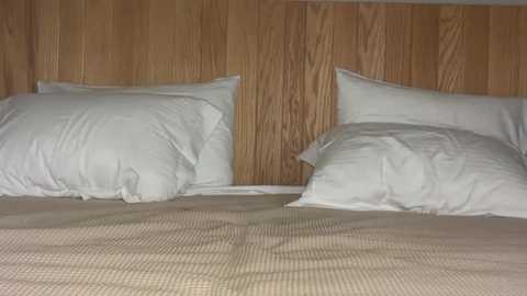 Media: Video of a neatly made bed with two white pillows against a wooden headboard, beige quilted blanket, and soft lighting.