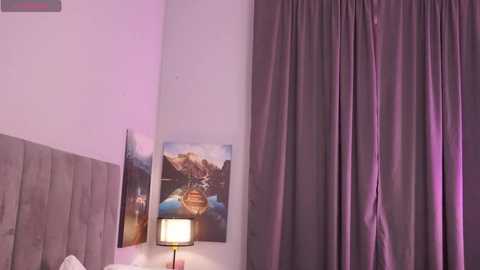 Media: Video of a modern bedroom featuring a light purple bed with a tufted headboard, a matching purple curtain, and a vibrant landscape painting above a lamp on a nightstand.