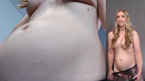 Media: Video: Close-up of a pregnant woman's belly and a full-frontal shot of a nude, fair-skinned, blonde woman with medium breasts.