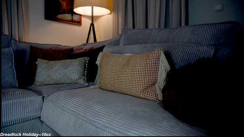 Media: Video of a dimly lit, cozy living room with a gray striped sofa, two patterned pillows, and a lamp providing soft light, creating a warm, inviting atmosphere.