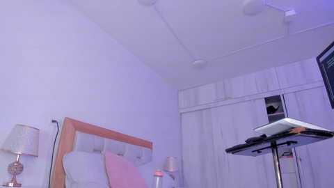 Media: Video of a minimalist, modern bedroom with white walls, a light wood headboard, a pink bedspread, and a silver laptop on a black stand.