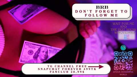 Video of a woman's breasts with a $100 bill and Snapchat logo, text reads \"BB Don't forget to follow me,\" with QR code.