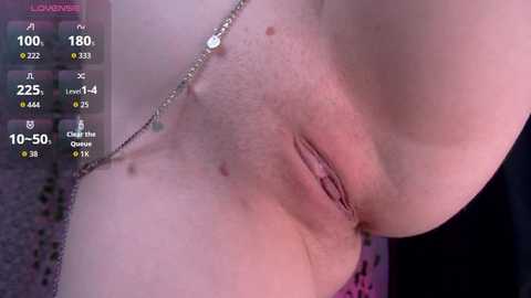 Media: A close-up video of a nude person's genital area, showing the labia and pubic hair, with a silver chain necklace, surrounded by a purple and grey background.