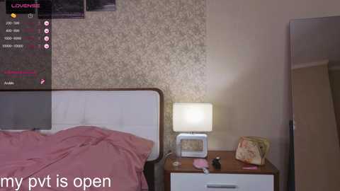 A video of a bedroom with a white bed, pink sheets, a wooden nightstand, a white lamp, and a mirror reflecting the room.