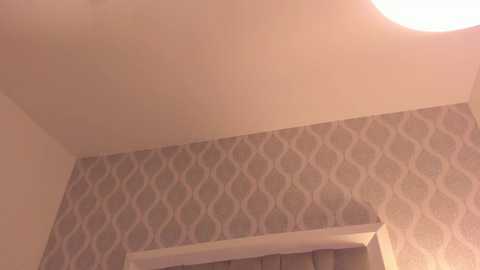 Video of a ceiling with a light beige patterned wallpaper, featuring a wavy, diamond-shaped design in shades of gray and white. A round, yellowish light fixture is centered on the ceiling.