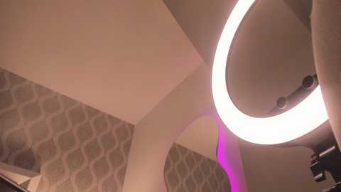 Video of a modern bathroom ceiling featuring a large, circular, bright white light fixture and a purple-tinted lampshade, set against a patterned, beige and white wallpaper background.