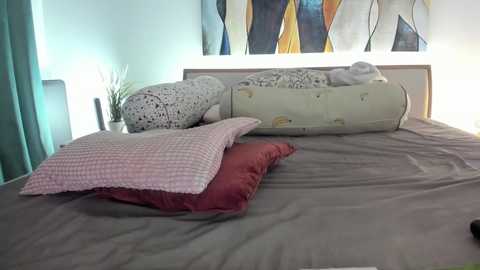 Video of a neatly made bed with a gray sheet, two pillows (one pink checkered, one maroon), a beige blanket, and an abstract painting in the background.