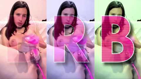 Media: A collage of three photos featuring a nude woman with dark hair, medium breasts, using a pink vibrator, overlaid with bold pink \"RB\" text.