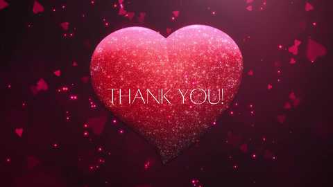 A digital graphic with a large, sparkling pink heart at the center, surrounded by smaller, glowing hearts and a deep maroon background. The words \"THANK YOU!\" are centered in elegant, white, uppercase letters within the heart.