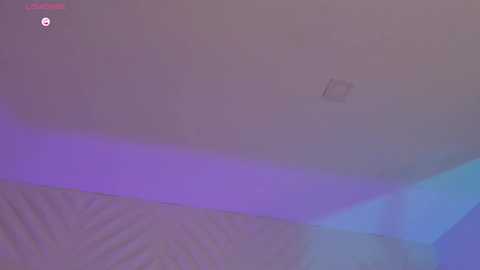 A video of a dimly lit room with a purple and blue ambient light, featuring a wall-mounted clock on the upper left and a blurry, partially visible person standing near the wall.