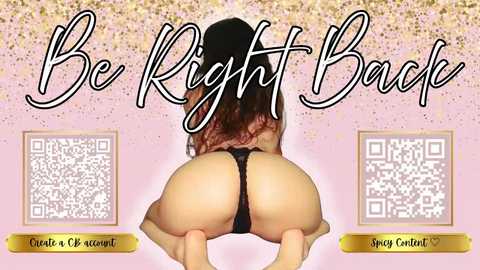 Video of a woman in black lingerie, kneeling, facing away, with text \"Be Right Back\" overlaid on a pink background. QR codes and instructions below.