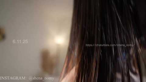 Video of a woman's shoulder-length, dark brown hair with subtle highlights, styled sleekly. Text overlay: \"6:11:25\" and \"https://instagram.com/shelena_nomy\". Soft, blurred background.