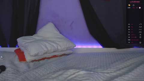 Media: A video of a neatly made bed with white sheets, a red pillow, and a plush toy. The background features a dimly lit, purple-lit room with black curtains and a digital streaming screen displaying a chat.