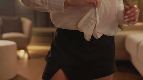 Media: Video of a woman adjusting a white blouse and black high-waisted skirt, in a dimly lit living room with beige furniture.