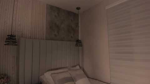 Video of a dimly-lit bedroom with a headboard, white bedding, and two hanging black wire lampshades. The walls feature a mix of wooden and textured panels.