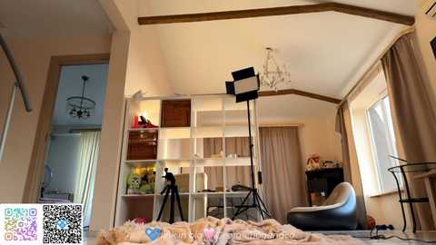 Video of a modern, minimalist bedroom with beige walls, white shelves, a chandelier, and a black tripod camera. A plush, beige blanket covers the bed, and a grey armchair is positioned in the foreground.