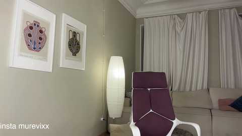 Media: A video of a modern living room featuring a beige couch, a white lamp, and framed abstract art on light green walls, with a purple ergonomic office chair in the foreground.