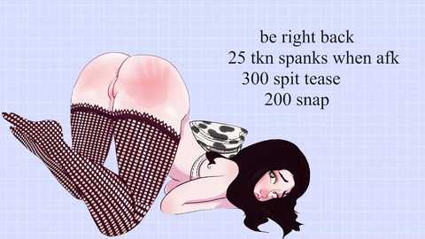Media: Digital drawing of a young woman with fair skin, long black hair, and large breasts, wearing fishnet stockings and a polka-dot bra, lying provocatively on a light blue grid background. Text: \"be right back 25 kn spanks when aff 300 spit tease 200 snap.\