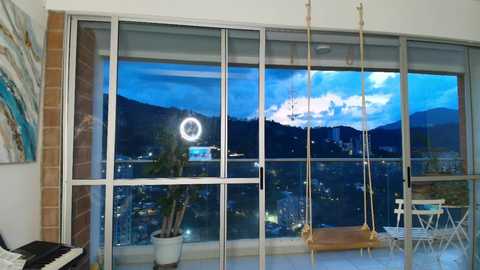 Video of a modern, well-lit room with floor-to-ceiling windows, showcasing a vibrant cityscape at dusk. Inside, a wooden swing hangs, and a white table with chairs sits nearby. Potted plants add greenery.