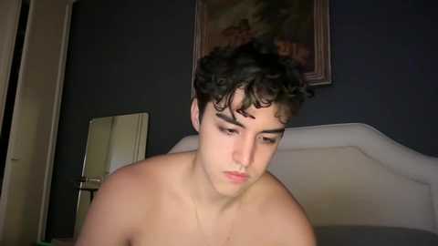 Video of a shirtless young man with curly black hair, sitting in a dimly lit room with a framed painting and a mirror on the dark blue wall.