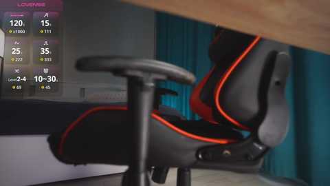 Video of a black and red gaming chair with adjustable armrests, positioned in a modern, dimly-lit room with blue curtains and a white bed. Digital overlay displays game stats and character details.