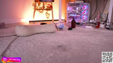 Video of a cozy bedroom with a white fluffy dog bed, a plush toy, and a lit up plant stand emitting warm light.