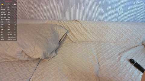 Media: Video of a beige, quilted bedspread with a pillow in the center. Background shows a light blue, textured wallpaper. A black hairbrush is partially visible on the right side.