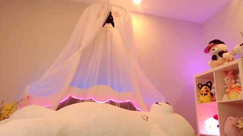 Video of a whimsical bedroom with a white canopy bed, a plush polar bear, and soft pastel lighting. A pink and purple glowing border outlines the canopy. The room is decorated with stuffed toys and a small white shelf on the right.