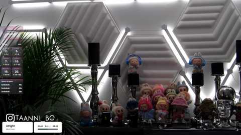 Media: Video of a modern office with hexagonal ceiling panels, a green plant, and a display of colorful, stylized plastic figurines resembling cartoon characters.