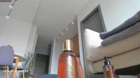 Video of a modern, minimalistic apartment with a bed, chairs, and a large glass bottle of honey on the floor.