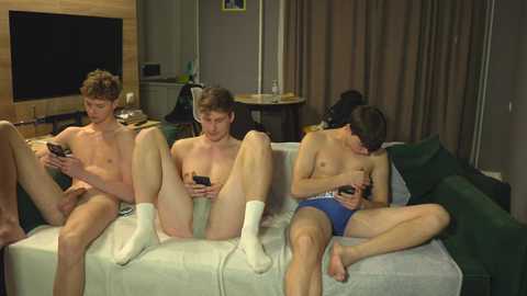 Video of four nude men with various skin tones and body types, sitting on a couch playing video games, in a dimly-lit living room with a TV and beige curtains.