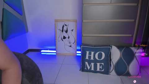 Video of a modern, minimalist room with blue lighting. A large, black-and-white graphic of a woman hangs on the wall, and a cushion with \"HOME\" in white letters sits on the floor.