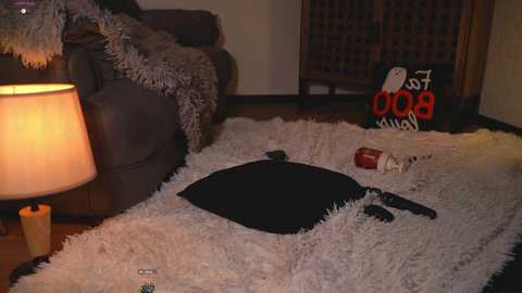 A video shows a cozy living room with a plush, white shag rug. A dark, furry blanket covers a brown leather couch. A beige lamp with a fringed shade sits on the floor. A black TV box, remote, and soda can are scattered around.