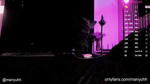 Media: A dimly lit room with a black background, a keyboard, a microphone stand, and a green plant, illuminated by pink and purple lighting.