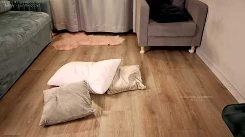 Media: Video of a living room floor with light wooden flooring, featuring a cozy arrangement of plush pillows in shades of beige and white, near a gray armchair, pale gray curtains, and a soft pink rug.
