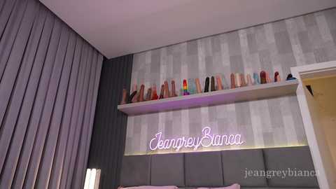 Video of a modern bedroom with gray walls, a gray padded headboard, and a shelf displaying colorful vibrators. A neon sign reads \"Jenny Blanche\" on the wall.