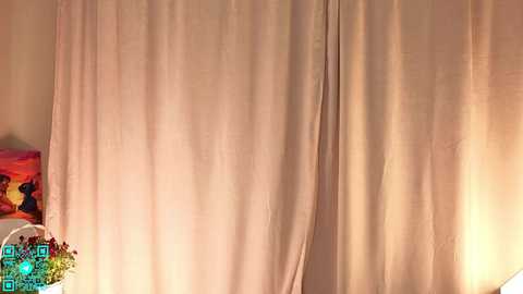 Media: A video of beige curtains drawn closed, partially illuminated by a warm, ambient light. A colorful decorative pillow with floral patterns rests against the curtains.
