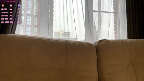 Media: Video of a modern living room with a beige sofa, sheer curtains, and a city skyline visible through the windows. A digital display on the left shows streaming information.