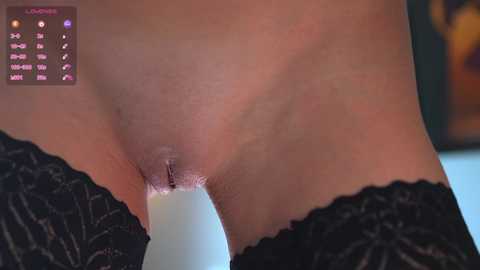 A close-up video of a light-skinned person's shaved vulva, with a white vibrator inserted, partially visible. The background is blurred, showing black lace panties. The image is intimate and explicit.