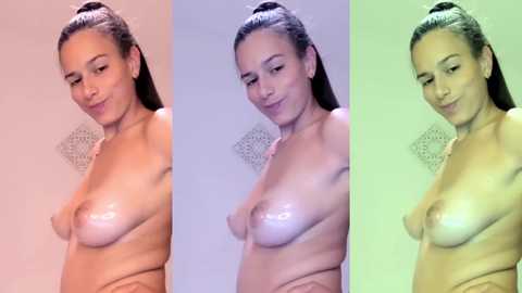 A video featuring a topless woman with medium breasts and a light brown complexion, smiling in a bathroom with a showerhead visible. The image is split into three sections, each with a different color filter: pink, purple, and green.