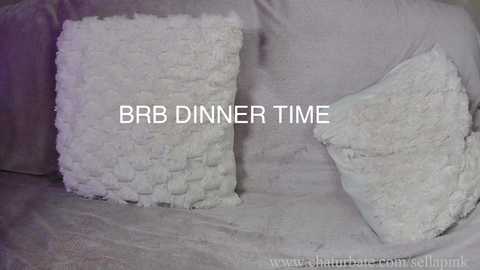 Media: Video of a plush, gray sofa with two decorative pillows. One is a textured, fringed pillow, the other is a smooth, fluffy pillow. Text overlays \"BB Dinner Time\" in white font.