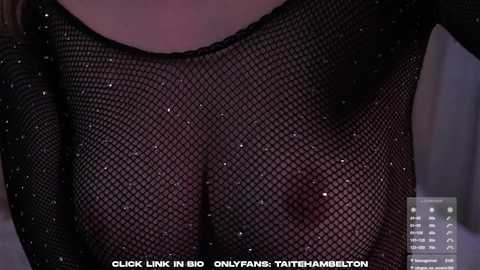 Video of a woman wearing a black, see-through fishnet bodysuit, revealing her breasts and nipples, with text overlay: \"Glick Link in bio. OnlyFans: @TaitTamberton.\